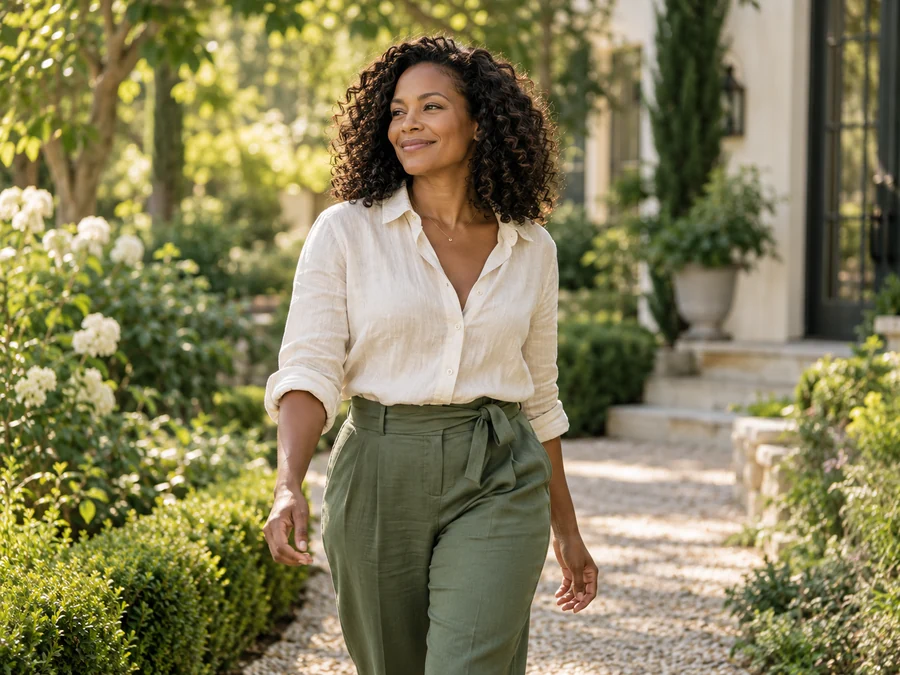 Woman enjoying a relaxed morning walk in a sunlit garden