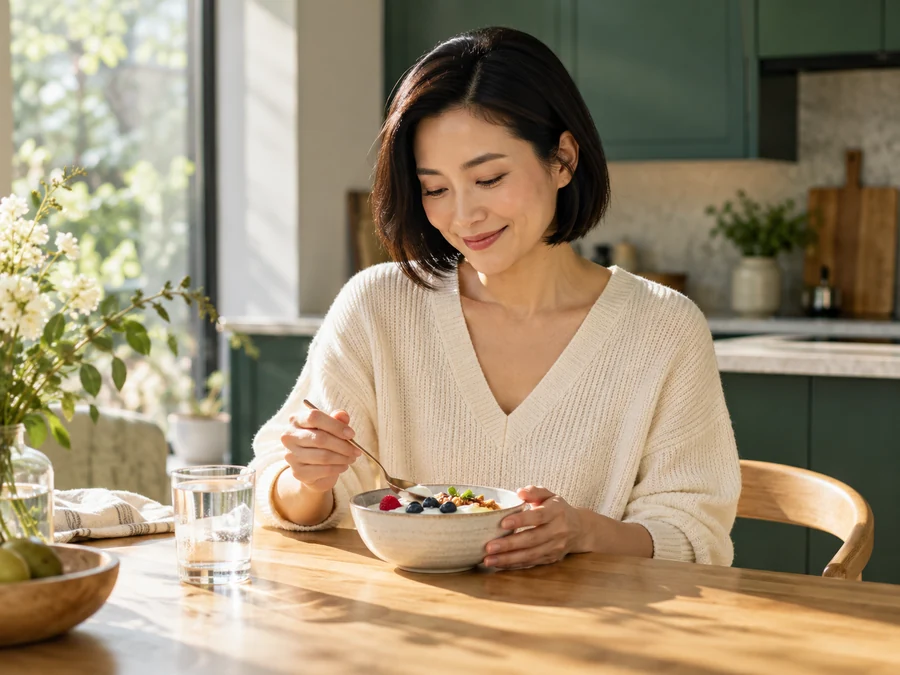 Woman enjoying breakfast beside a sunlit kitchen window