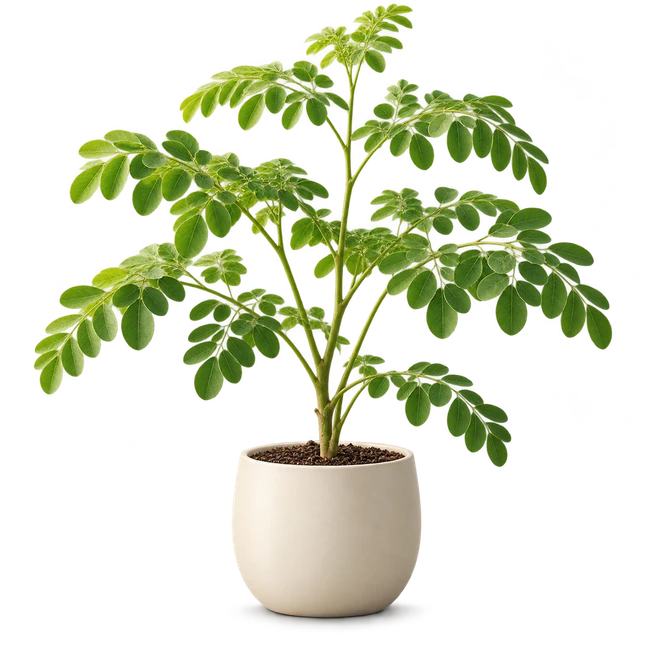 Young moringa plant in an ivory ceramic pot